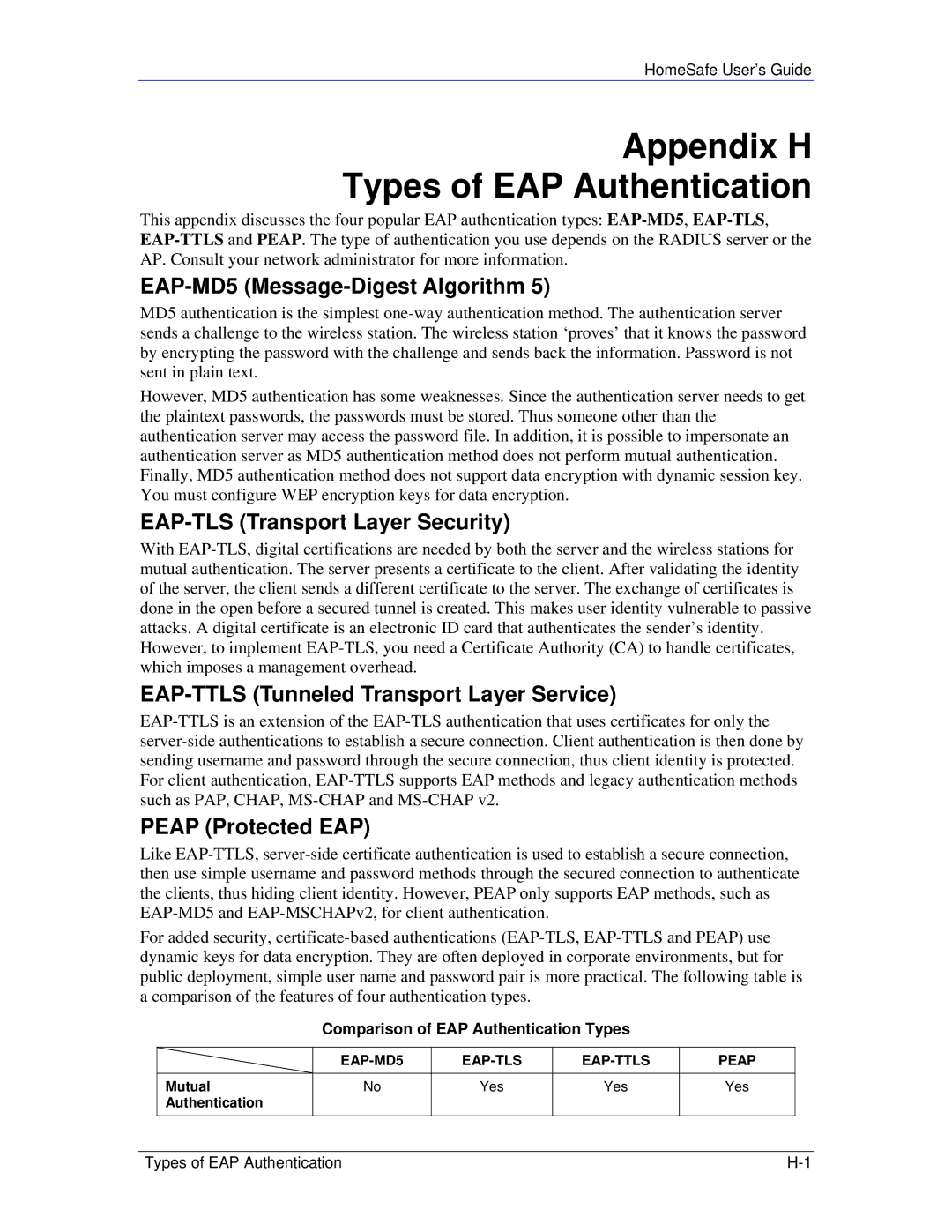 ZyXEL Communications HS100/HS100W manual Appendix H Types of EAP Authentication, EAP-MD5 Message-Digest Algorithm 