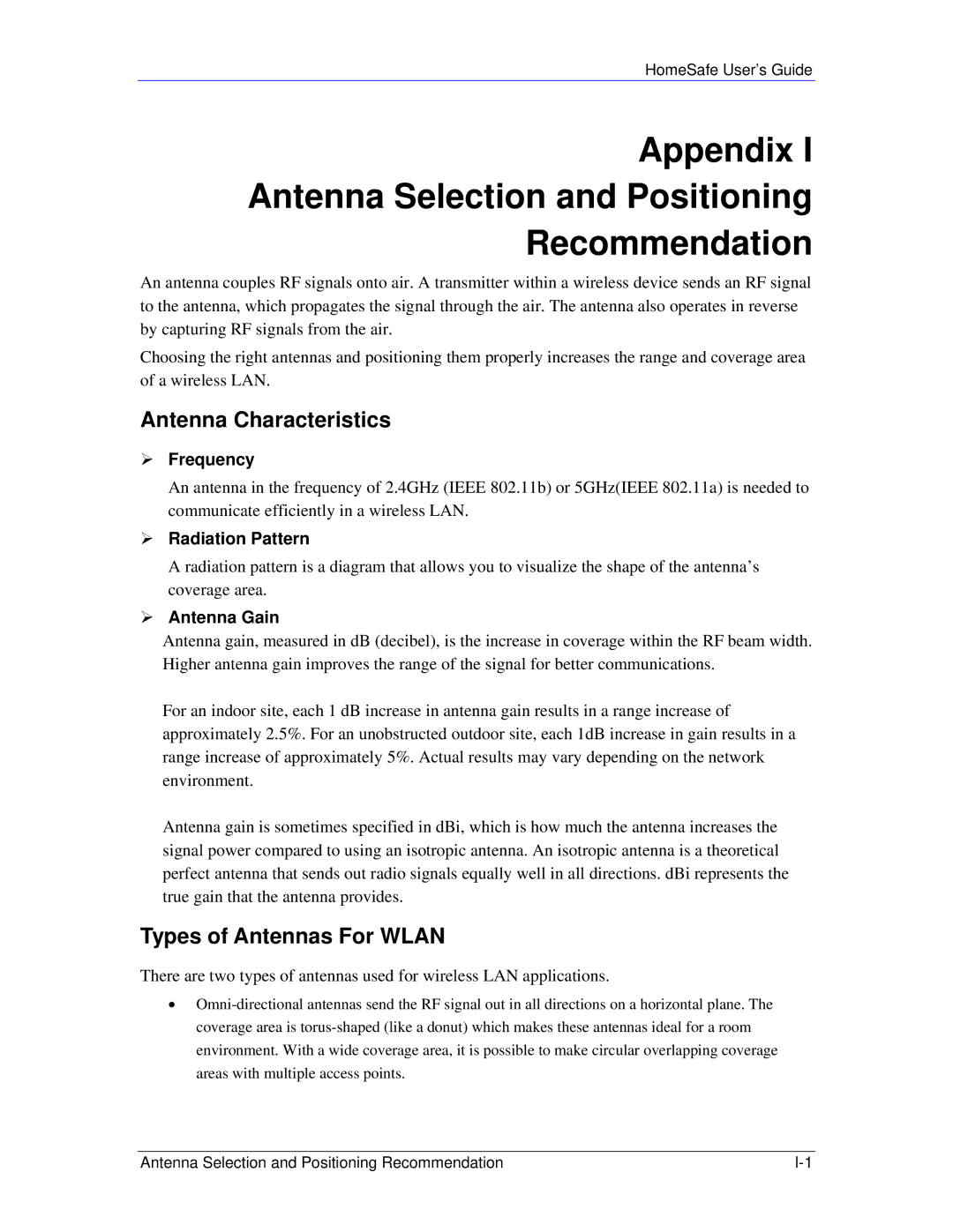 ZyXEL Communications HS100/HS100W manual Appendix Antenna Selection and Positioning Recommendation, Antenna Characteristics 