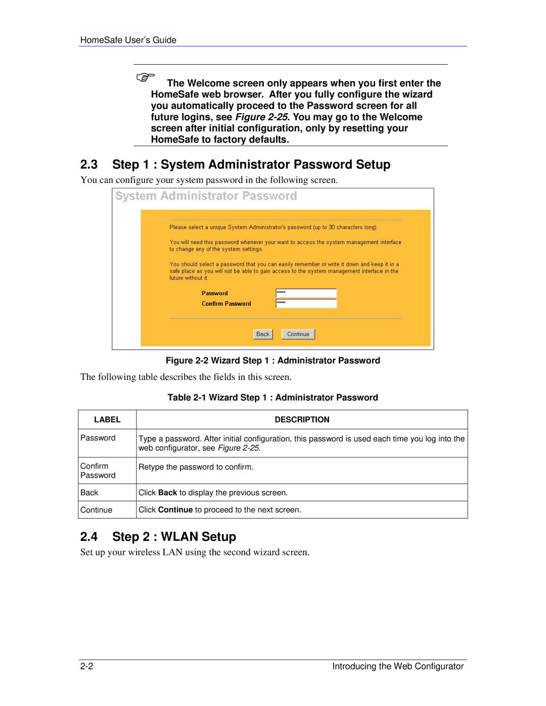 ZyXEL Communications HS100/HS100W manual System Administrator Password Setup, Wlan Setup, Label Description 