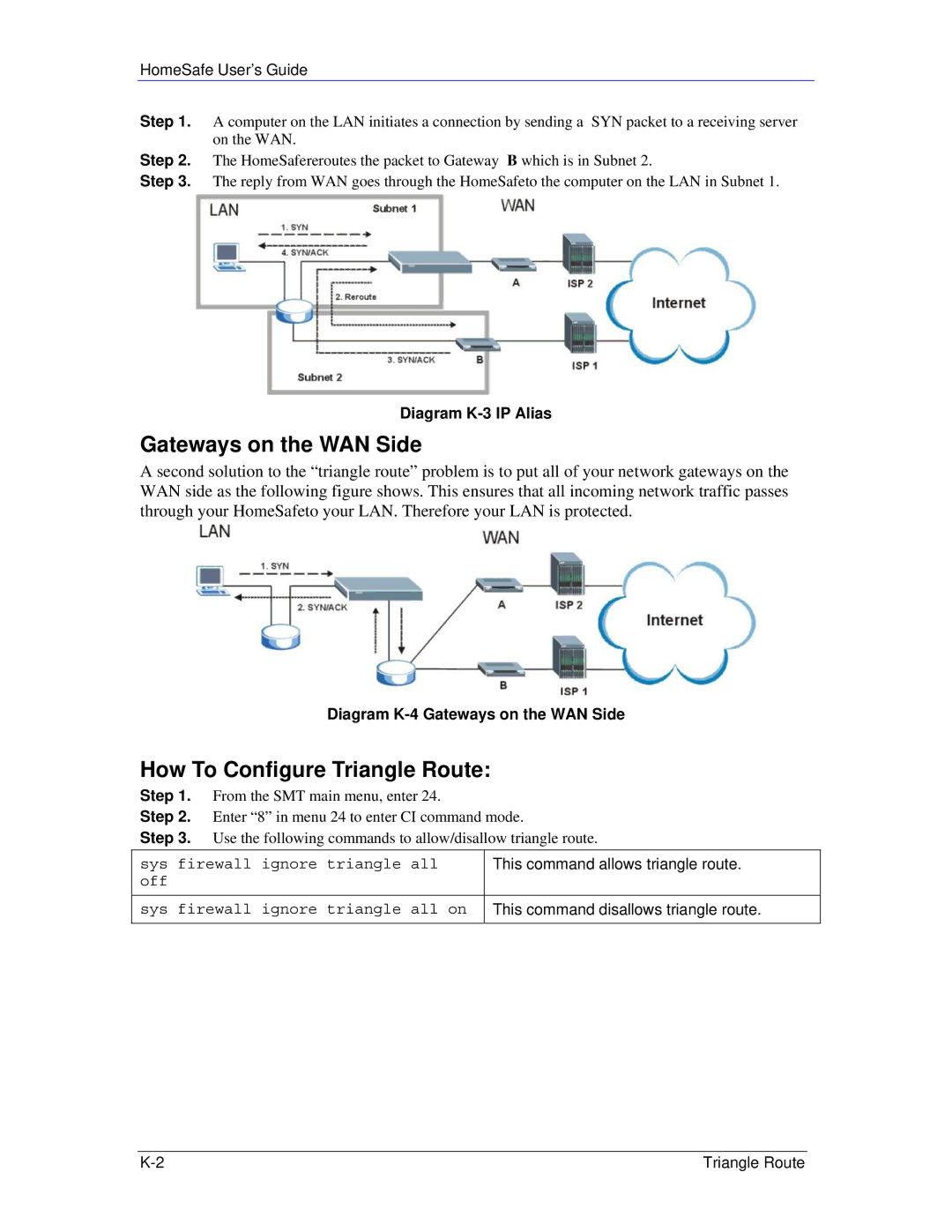 ZyXEL Communications HS100/HS100W manual Gateways on the WAN Side, How To Configure Triangle Route, Diagram K-3 IP Alias 