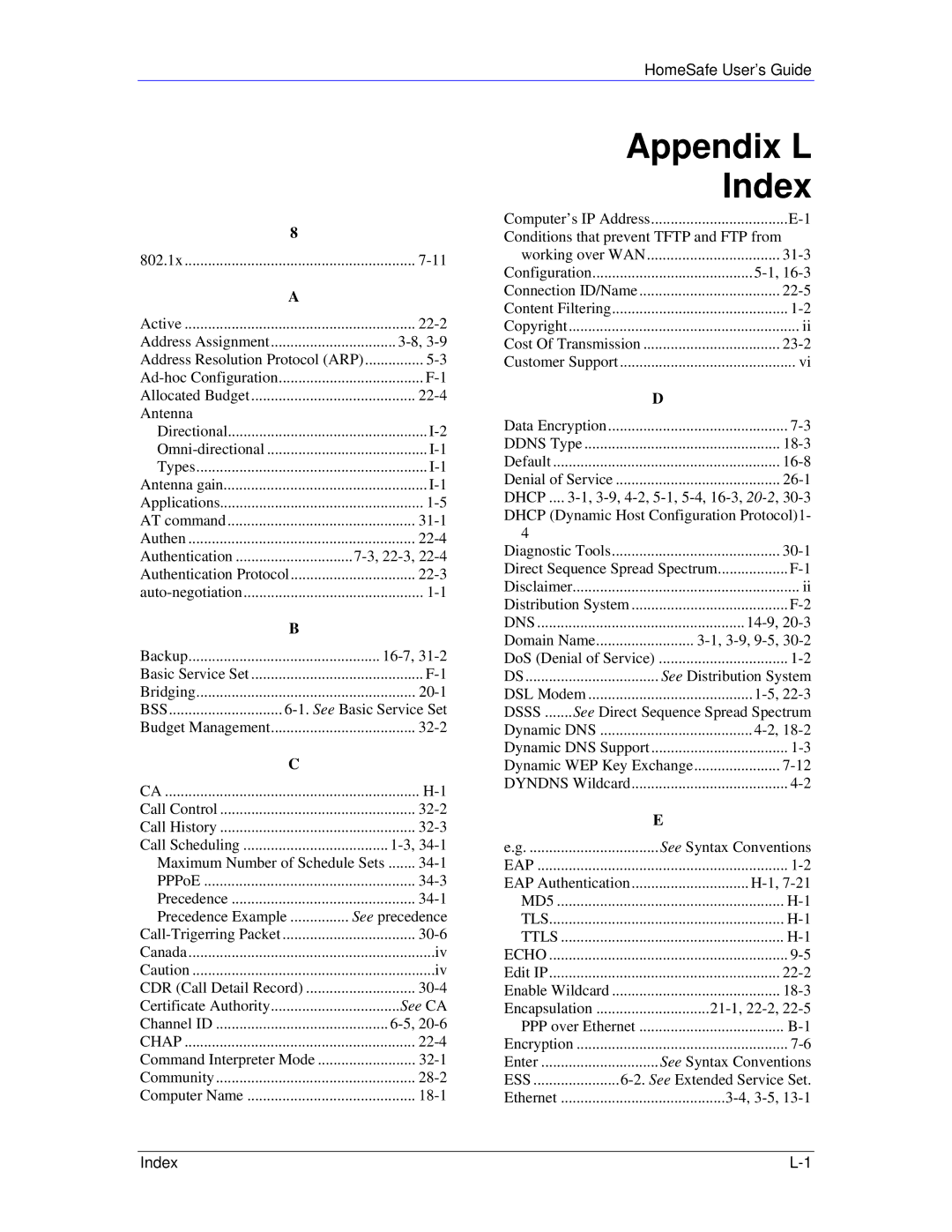 ZyXEL Communications HS100/HS100W manual Appendix L Index, Bss 