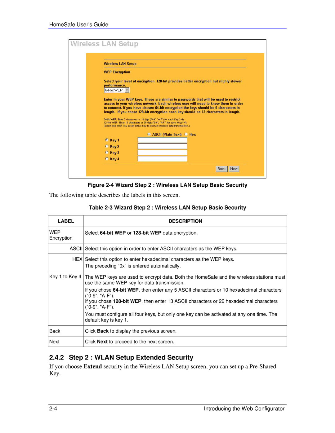 ZyXEL Communications HS100/HS100W Wlan Setup Extended Security, Following table describes the labels in this screen, Wep 