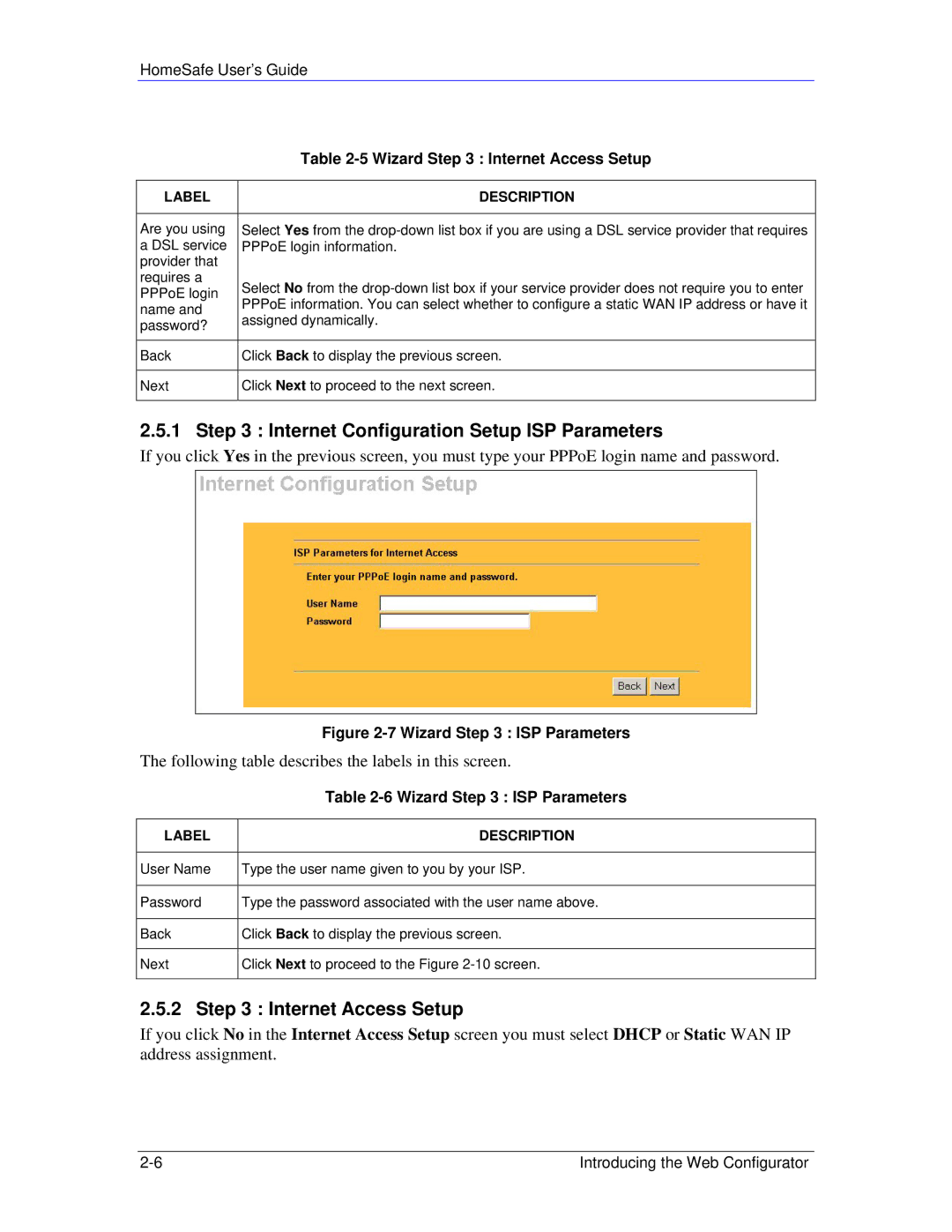 ZyXEL Communications HS100/HS100W manual Internet Configuration Setup ISP Parameters, Internet Access Setup 