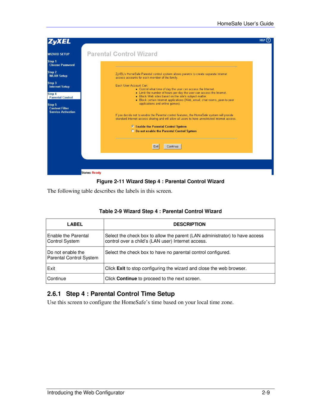 ZyXEL Communications HS100/HS100W manual Parental Control Time Setup, Wizard Parental Control Wizard 