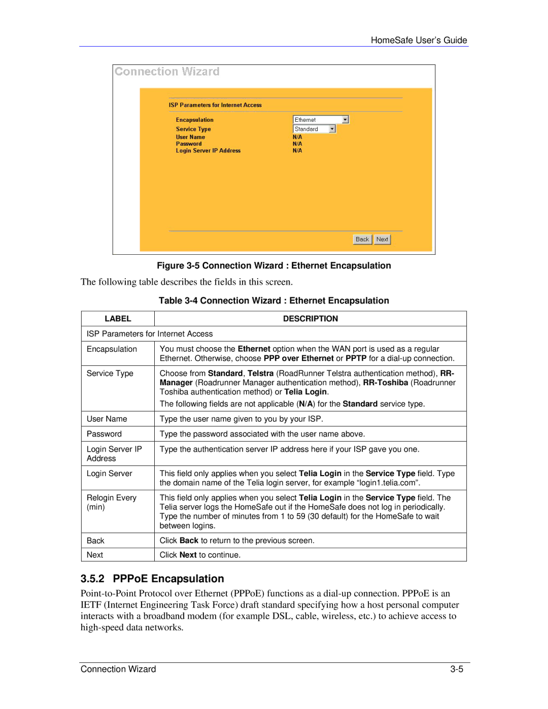 ZyXEL Communications HS100/HS100W manual PPPoE Encapsulation, Connection Wizard Ethernet Encapsulation 