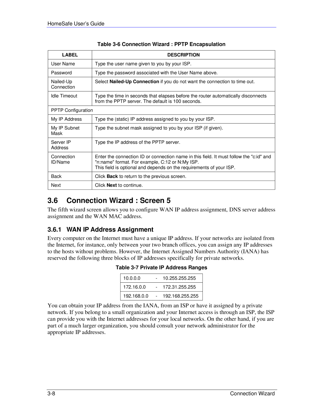 ZyXEL Communications HS100/HS100W manual WAN IP Address Assignment, Private IP Address Ranges 