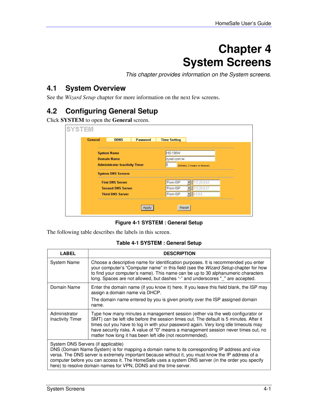 ZyXEL Communications HS100/HS100W manual Chapter System Screens, System Overview, Configuring General Setup 