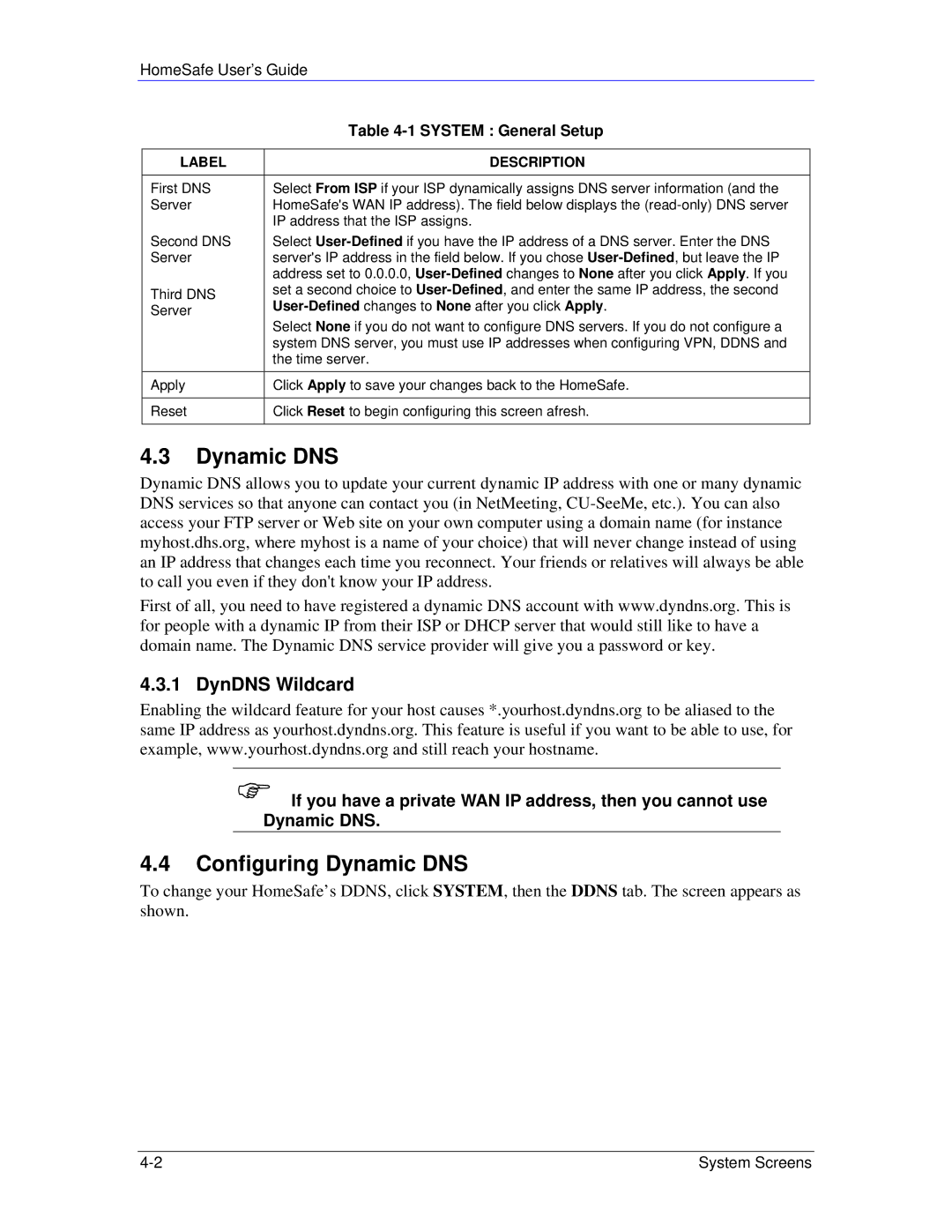 ZyXEL Communications HS100/HS100W manual Configuring Dynamic DNS, DynDNS Wildcard 