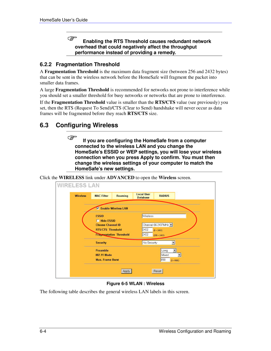 ZyXEL Communications HS100/HS100W manual Configuring Wireless, Fragmentation Threshold 