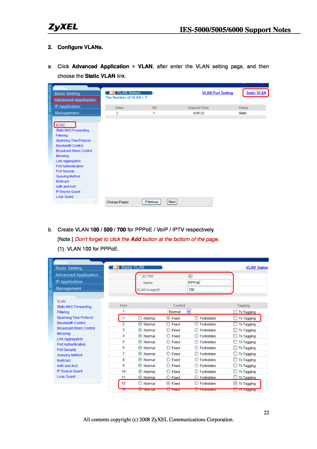 ZyXEL Communications IES-5005, IES-6000 manual IES-5000/5005/6000 Support Notes, Configure VLANs 