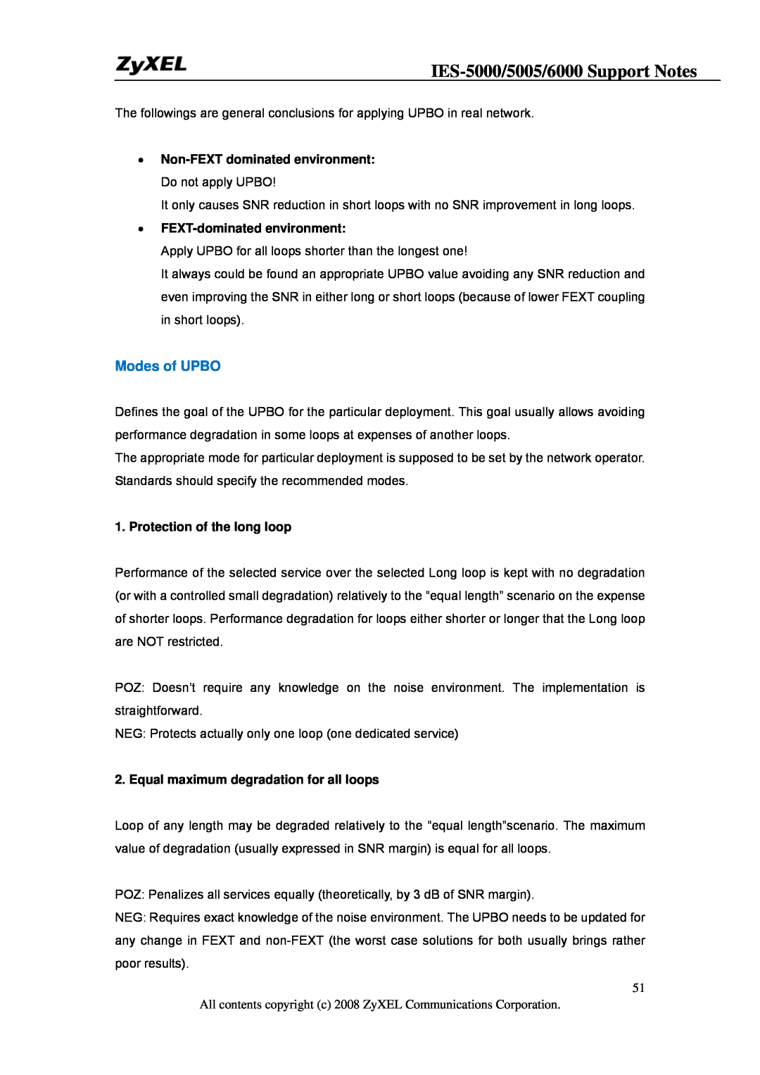 ZyXEL Communications IES-6000, IES-5005 manual IES-5000/5005/6000 Support Notes, Modes of UPBO, FEXT-dominated environment 