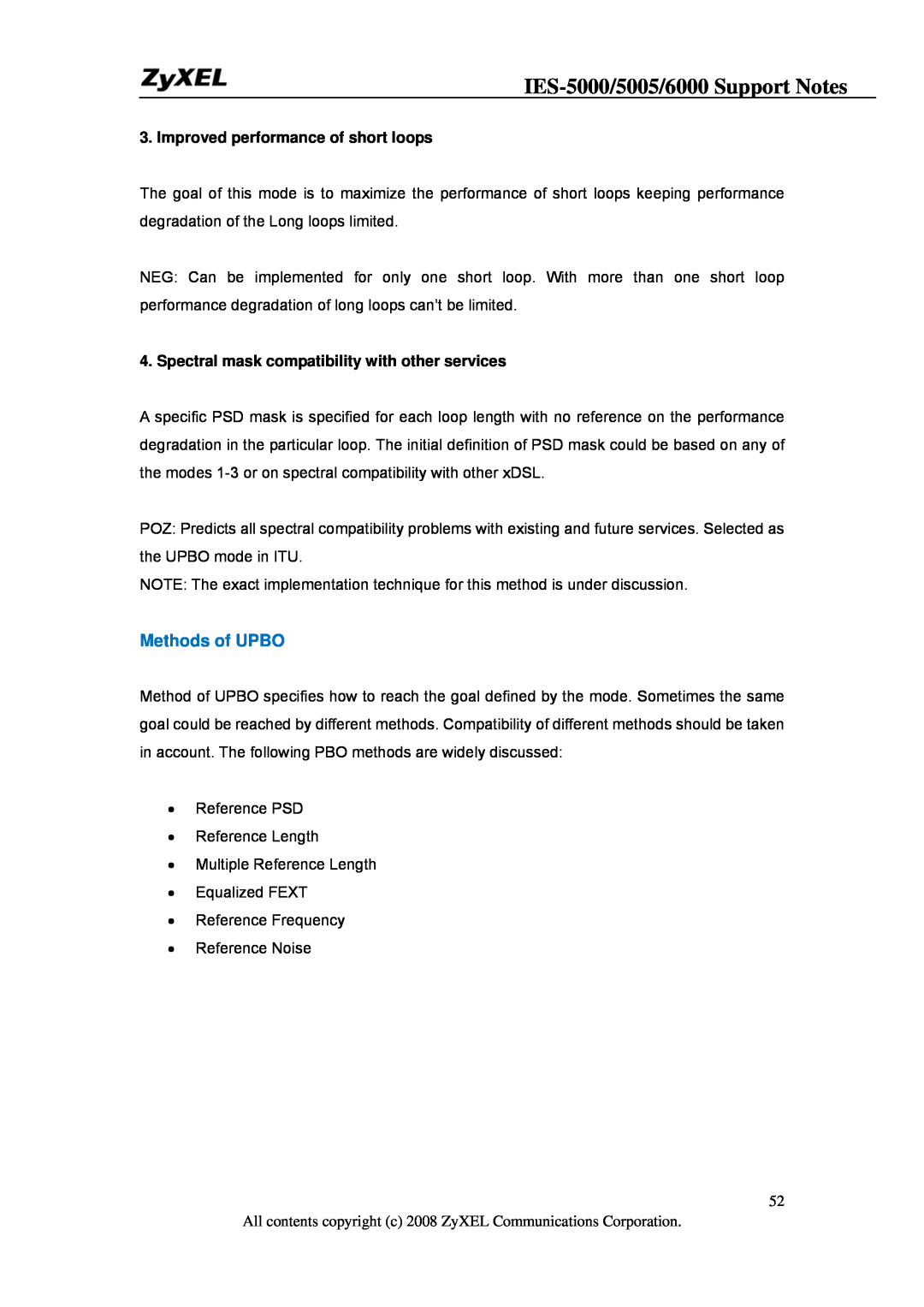 ZyXEL Communications IES-5005 manual IES-5000/5005/6000 Support Notes, Methods of UPBO, Improved performance of short loops 