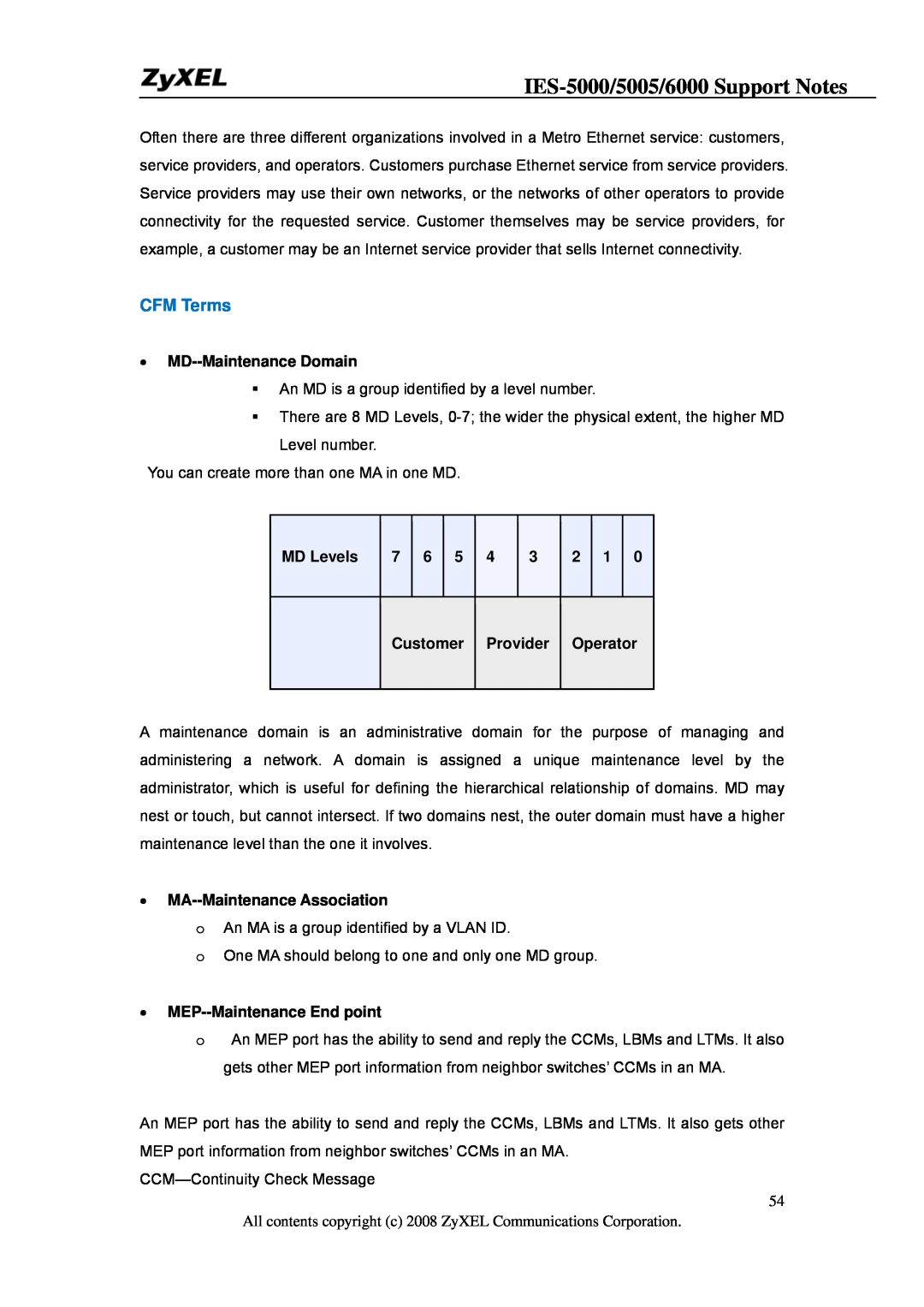 ZyXEL Communications IES-5005 IES-5000/5005/6000 Support Notes, CFM Terms, MD--Maintenance Domain, MD Levels, Customer 