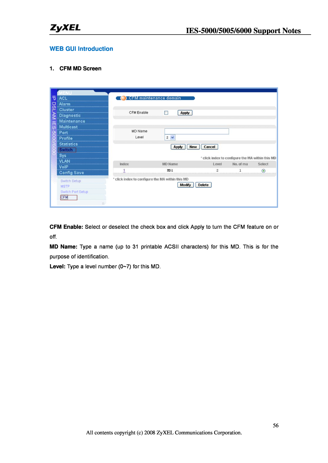 ZyXEL Communications IES-5005, IES-6000 manual IES-5000/5005/6000 Support Notes, WEB GUI Introduction, CFM MD Screen 