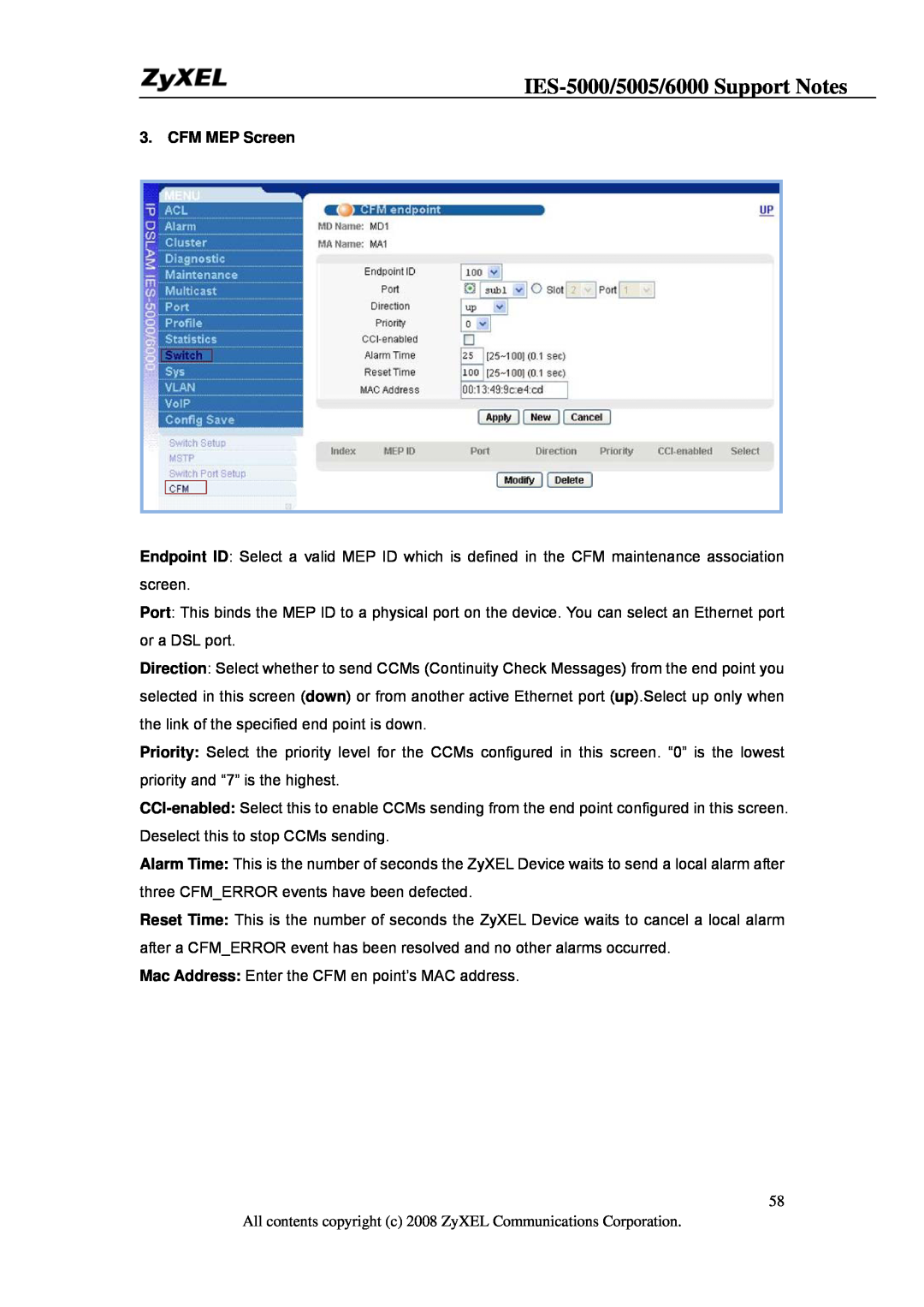 ZyXEL Communications IES-5005, IES-6000 manual IES-5000/5005/6000 Support Notes, CFM MEP Screen 