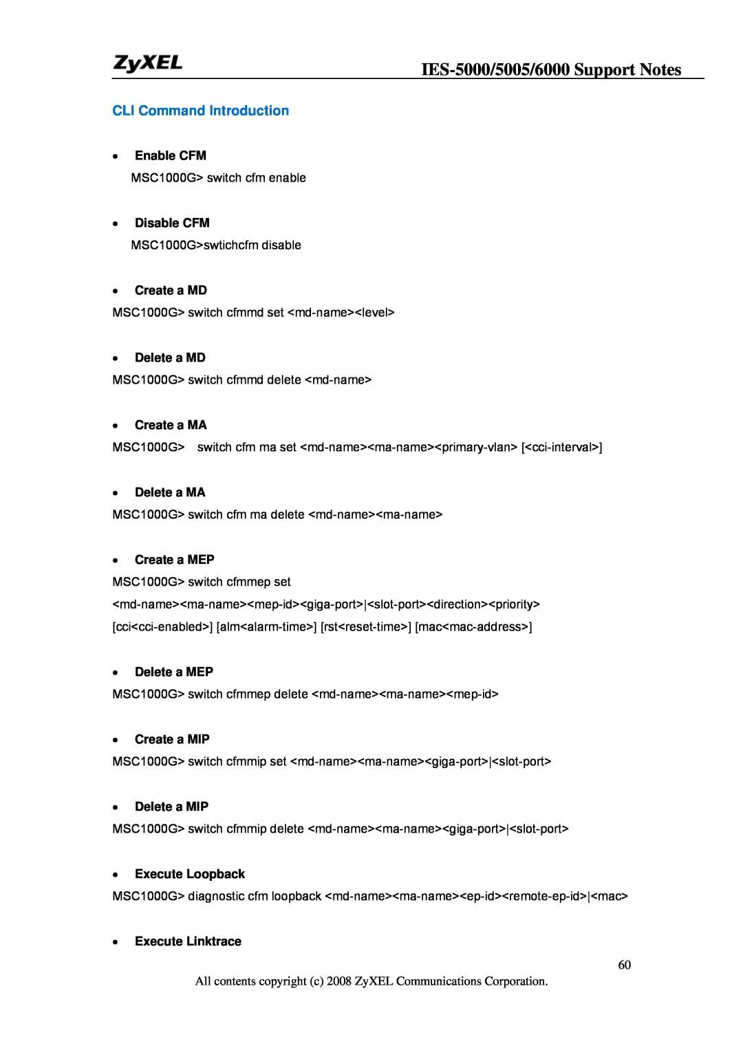 ZyXEL Communications IES-5005 manual IES-5000/5005/6000 Support Notes, CLI Command Introduction, Enable CFM, Delete a MD 