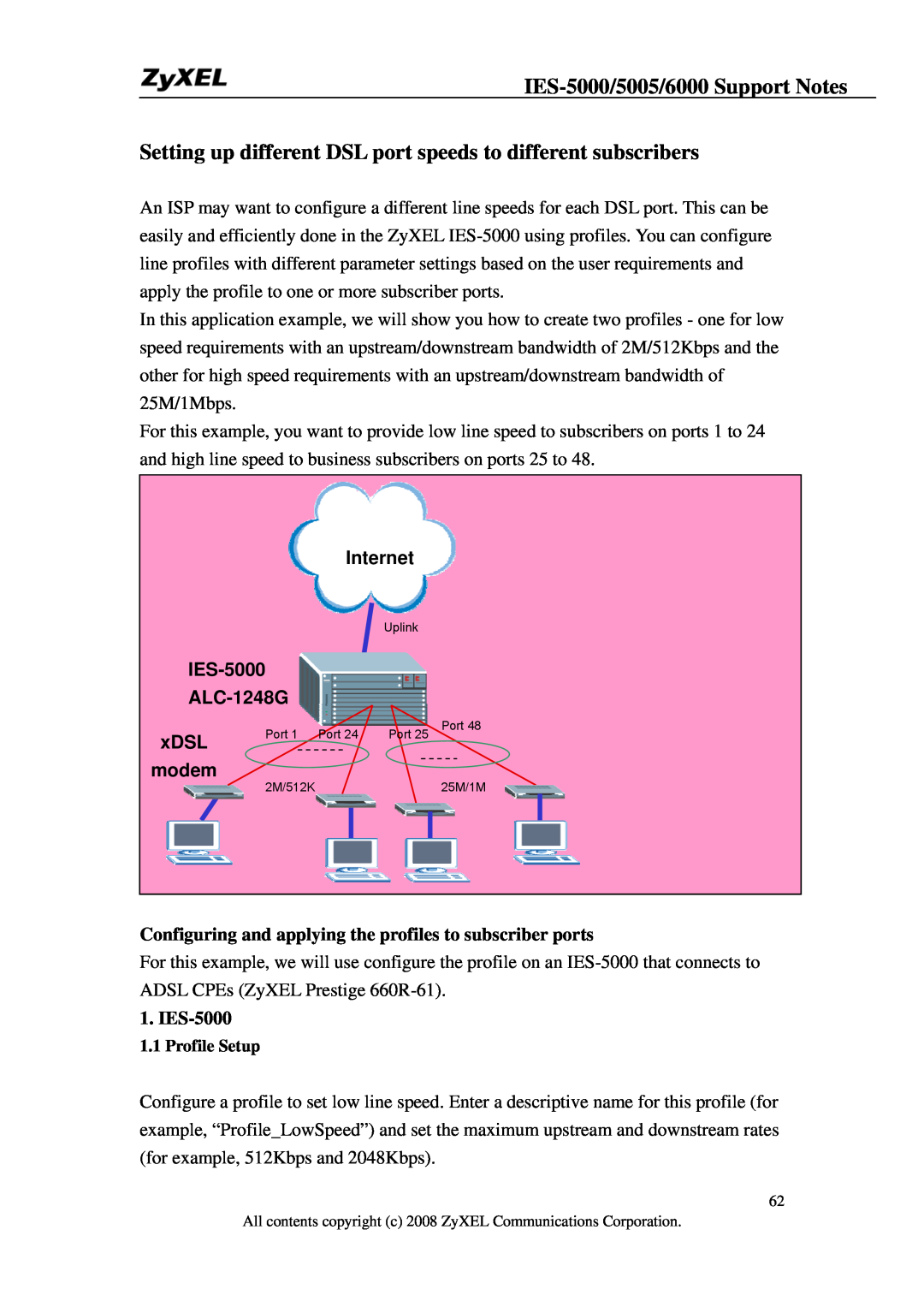 ZyXEL Communications IES-5005 Setting up different DSL port speeds to different subscribers, Internet, IES-5000 ALC-1248G 