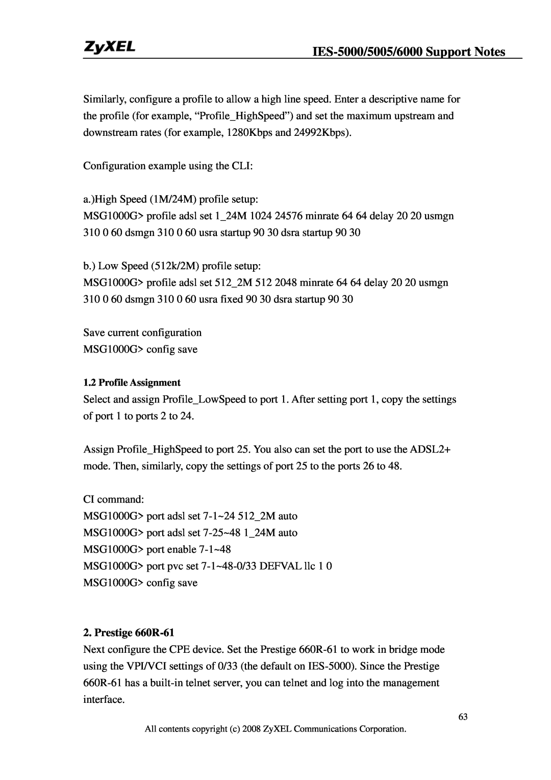 ZyXEL Communications IES-6000, IES-5005 manual Prestige 660R-61, IES-5000/5005/6000 Support Notes 