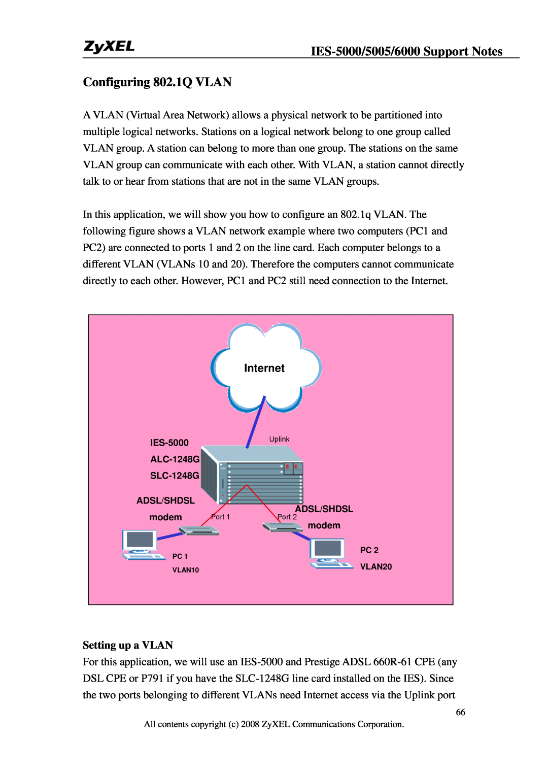 ZyXEL Communications IES-5005 manual IES-5000/5005/6000 Support Notes Configuring 802.1Q VLAN, Setting up a VLAN, Internet 