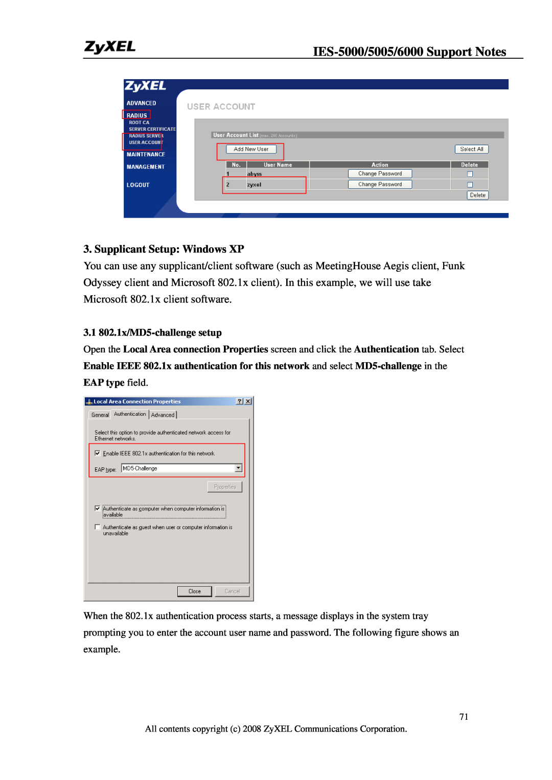 ZyXEL Communications IES-6000, IES-5005 manual Supplicant Setup Windows XP, IES-5000/5005/6000 Support Notes 