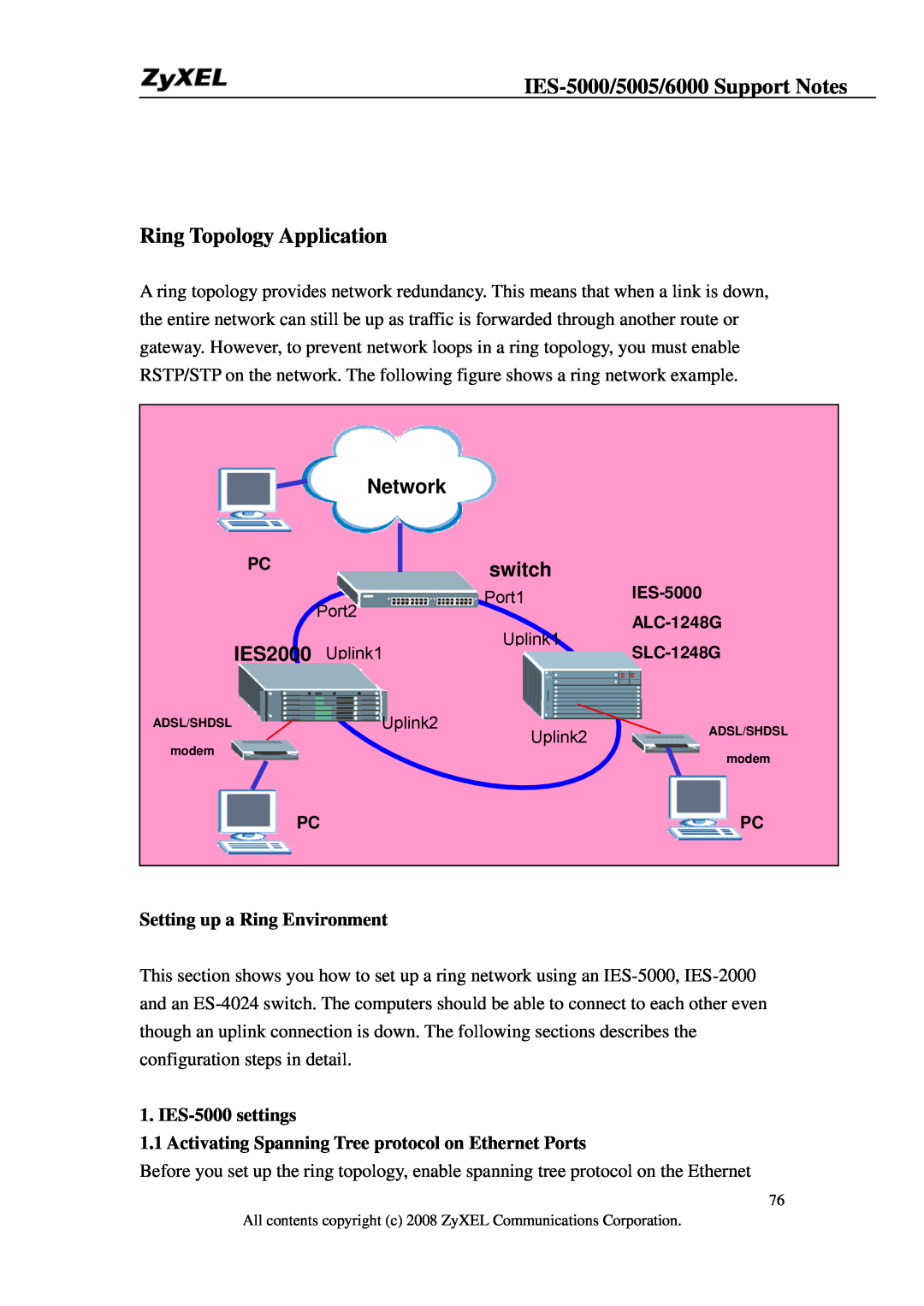 ZyXEL Communications IES-5005 IES-5000/5005/6000 Support Notes Ring Topology Application, Setting up a Ring Environment 