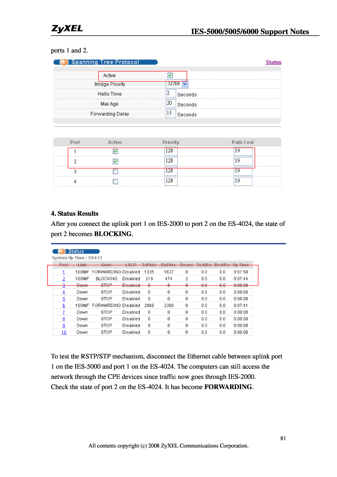 ZyXEL Communications IES-6000, IES-5005 manual Status Results, IES-5000/5005/6000 Support Notes 