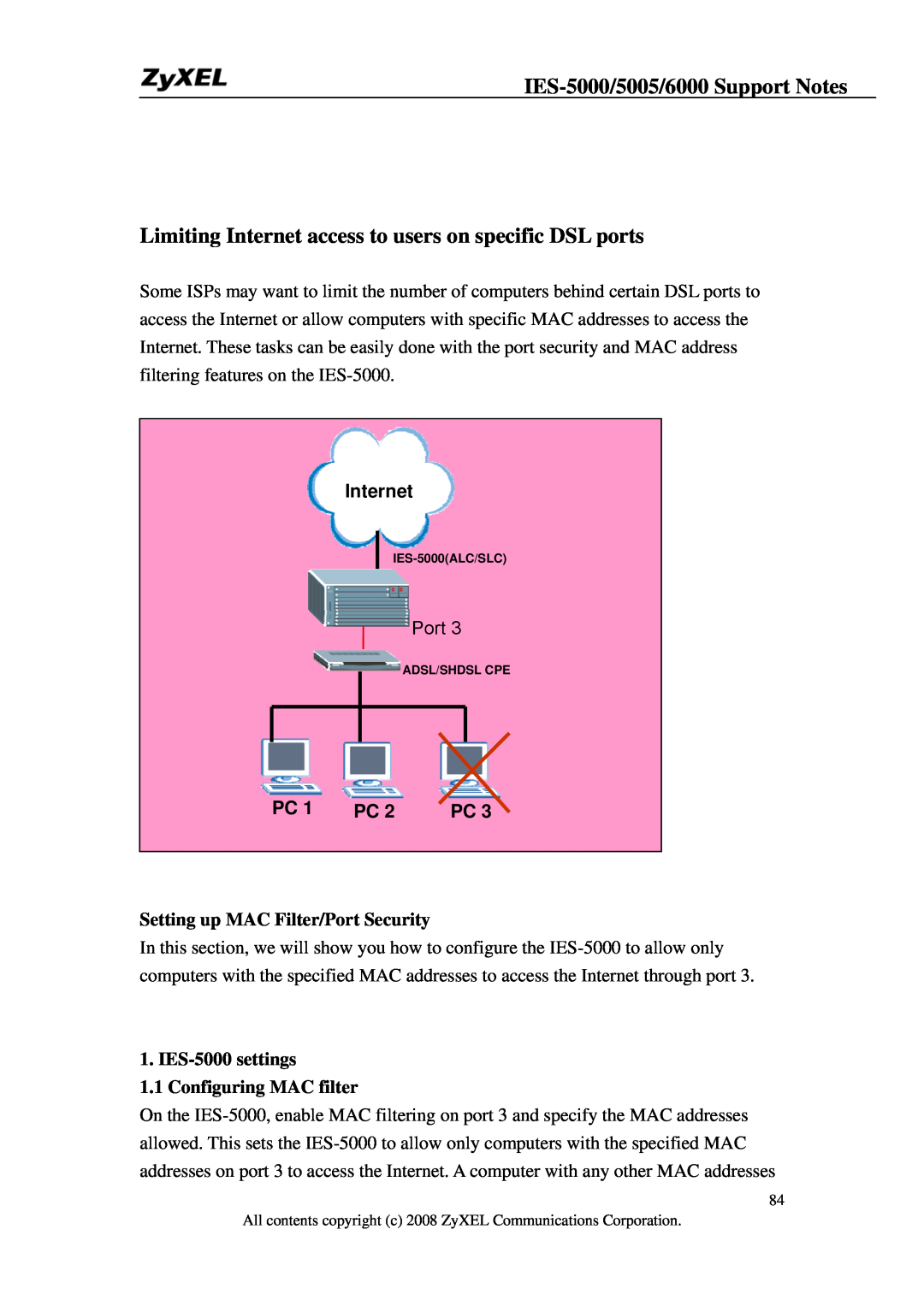 ZyXEL Communications IES-5005 Limiting Internet access to users on specific DSL ports, Setting up MAC Filter/Port Security 