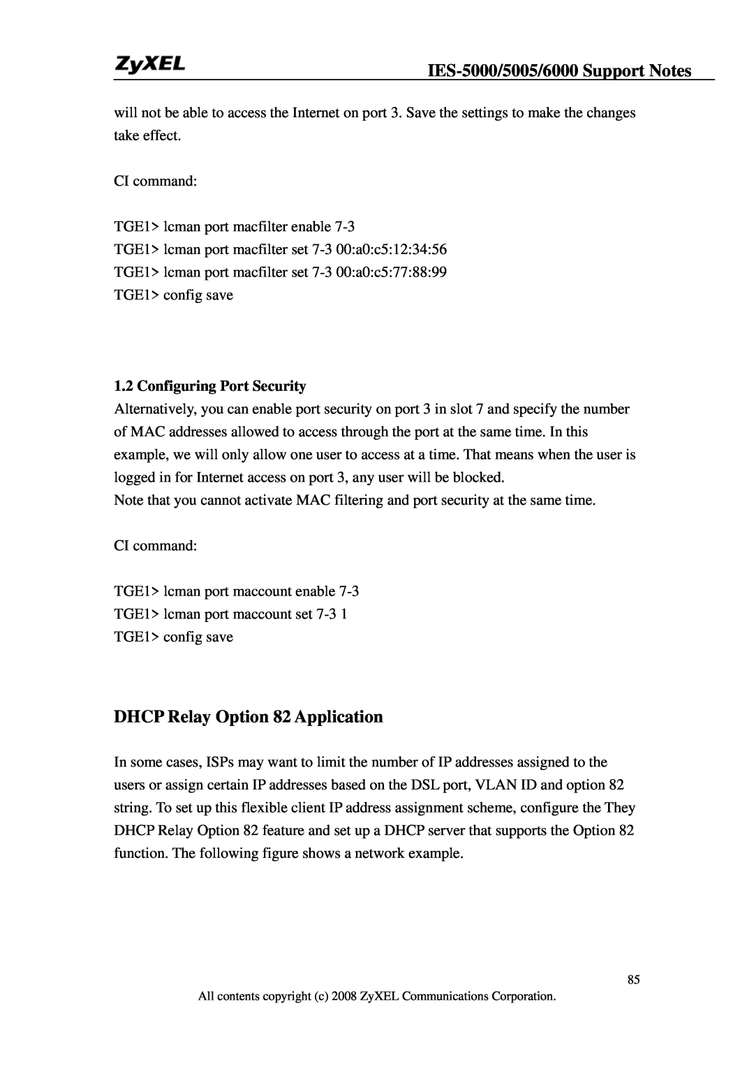 ZyXEL Communications IES-6000, IES-5005 manual DHCP Relay Option 82 Application, Configuring Port Security 