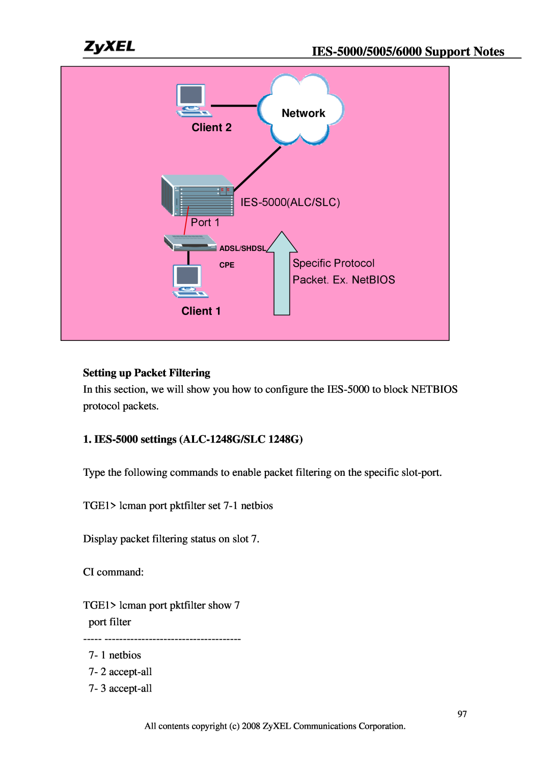 ZyXEL Communications IES-6000, IES-5005 Network Client, Setting up Packet Filtering, IES-5000 settings ALC-1248G/SLC 1248G 