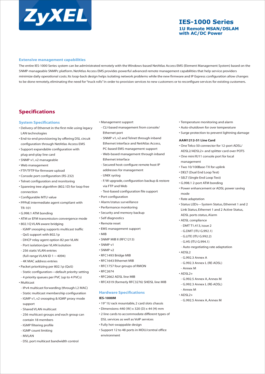 ZyXEL Communications IES-1248-53 Extensive management capabilities, System Specifications, Hardware Specifications 