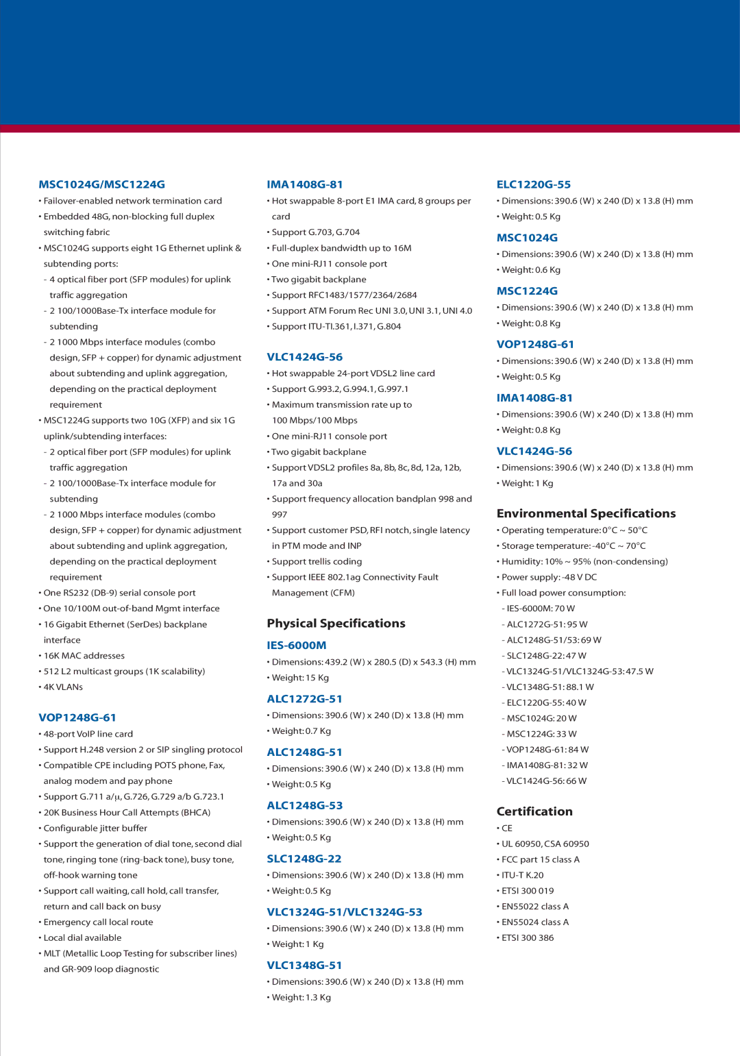 ZyXEL Communications IES-708-22 user service Physical Specifications, Environmental Specifications, Certification 