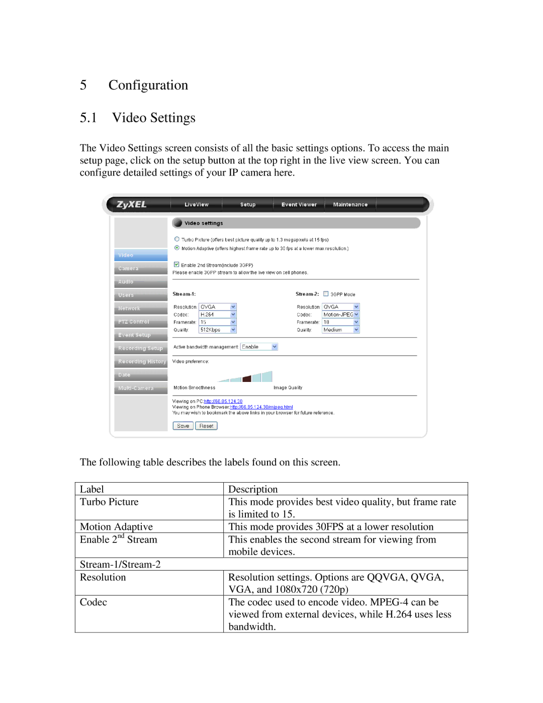 ZyXEL Communications IPC-3605N manual Configuration Video Settings 