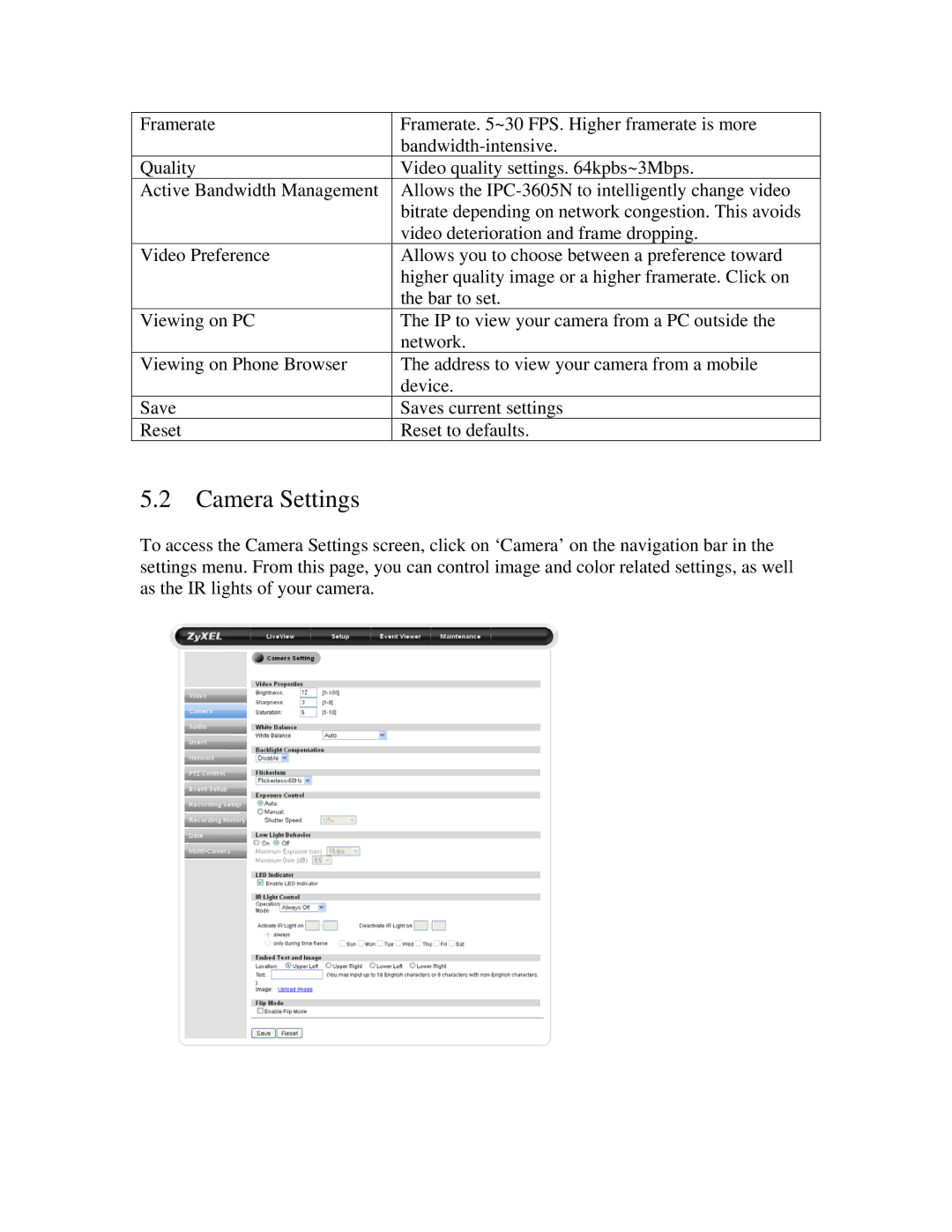 ZyXEL Communications IPC-3605N manual Camera Settings 