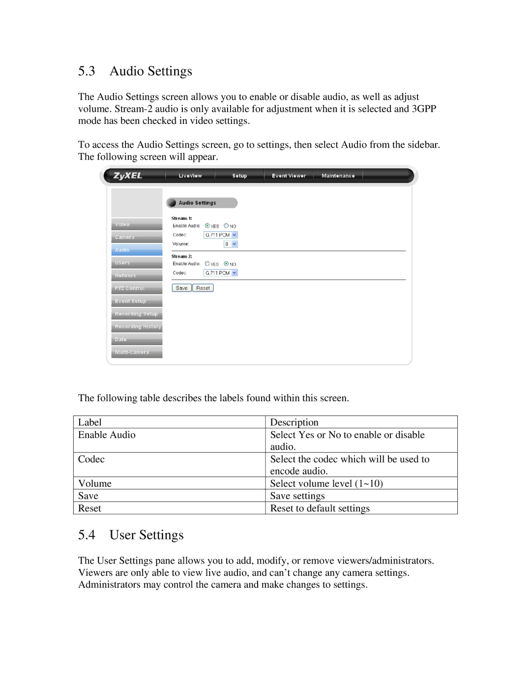 ZyXEL Communications IPC-3605N manual Audio Settings, User Settings 