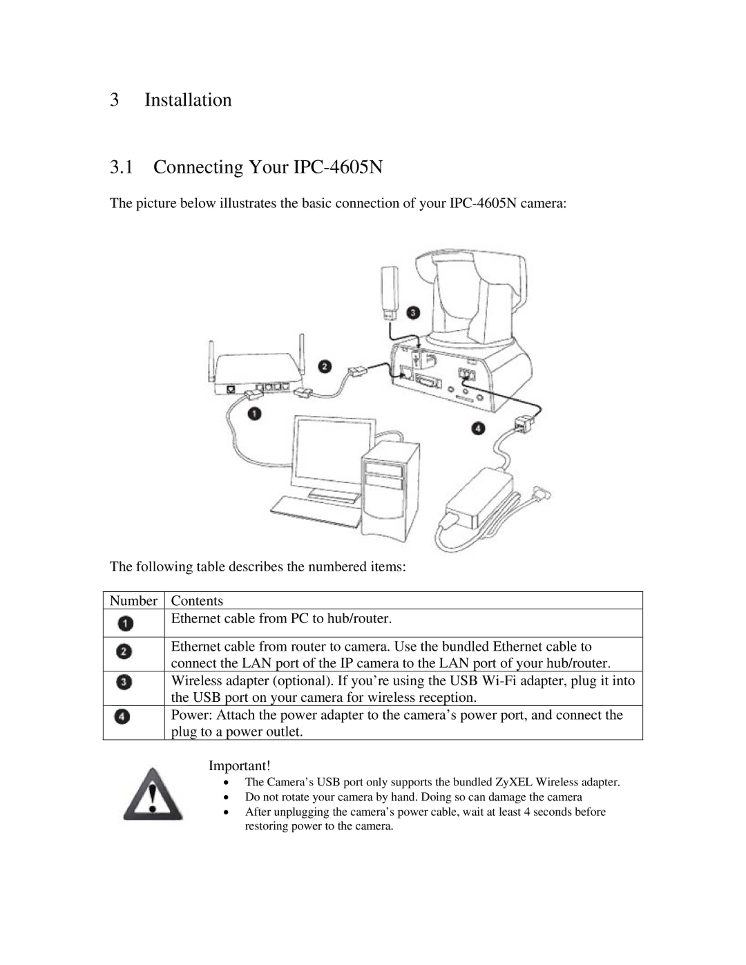 ZyXEL Communications manual Installation Connecting Your IPC-4605N 