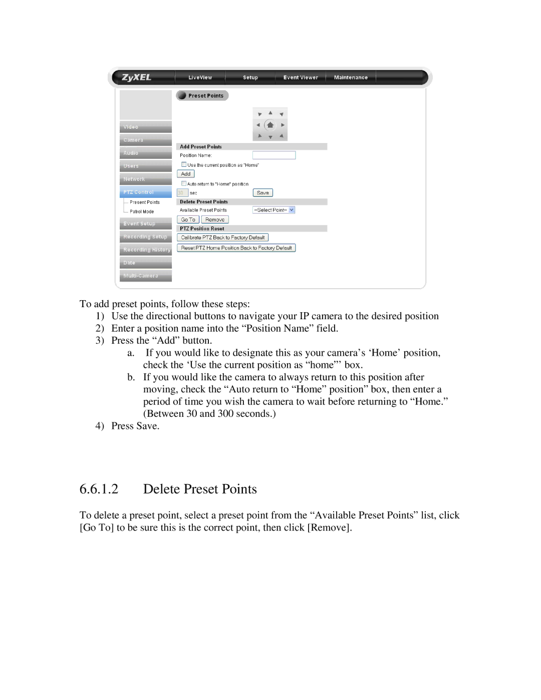 ZyXEL Communications IPC-4605N manual Delete Preset Points 