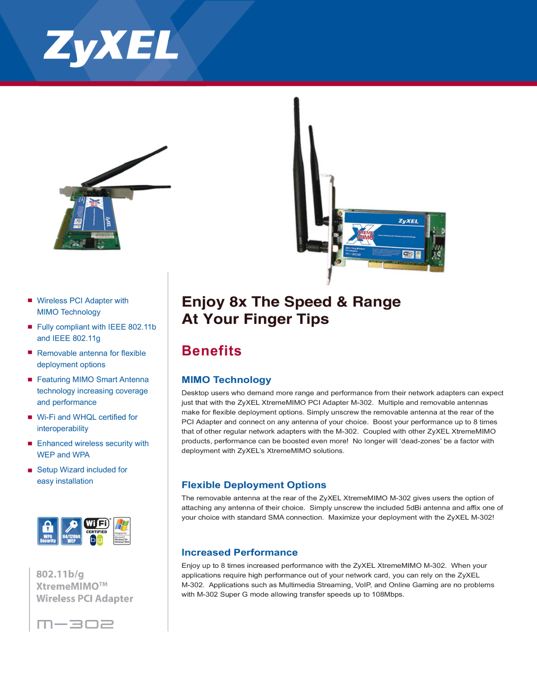 ZyXEL Communications M-302 manual Enjoy 8x The Speed & Range At Your Finger Tips, Benefits, Mimo Technology 