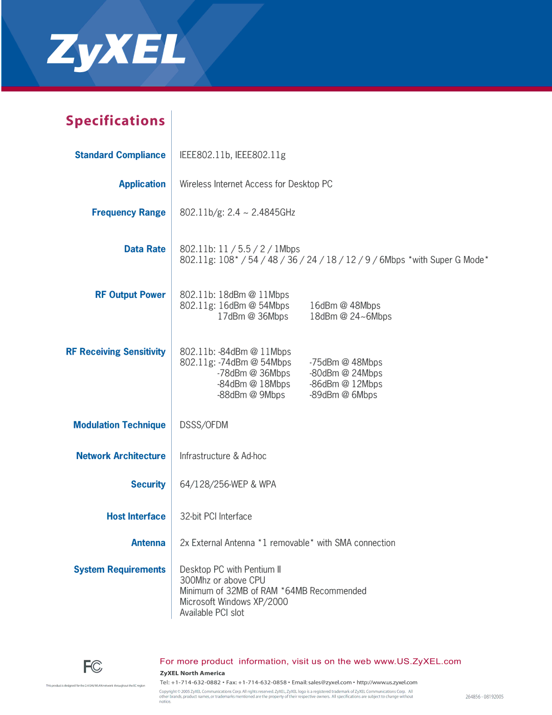 ZyXEL Communications M-302 manual Specifications, Dsss/Ofdm, ZyXEL North America, 264856 