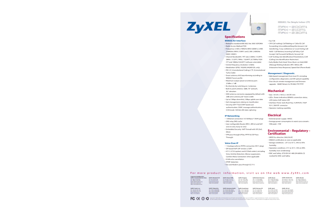 ZyXEL Communications MAX-230M1, MAX-210M1 Specifications, Mechanical, Electrical, Environmental Regulatory Certification 