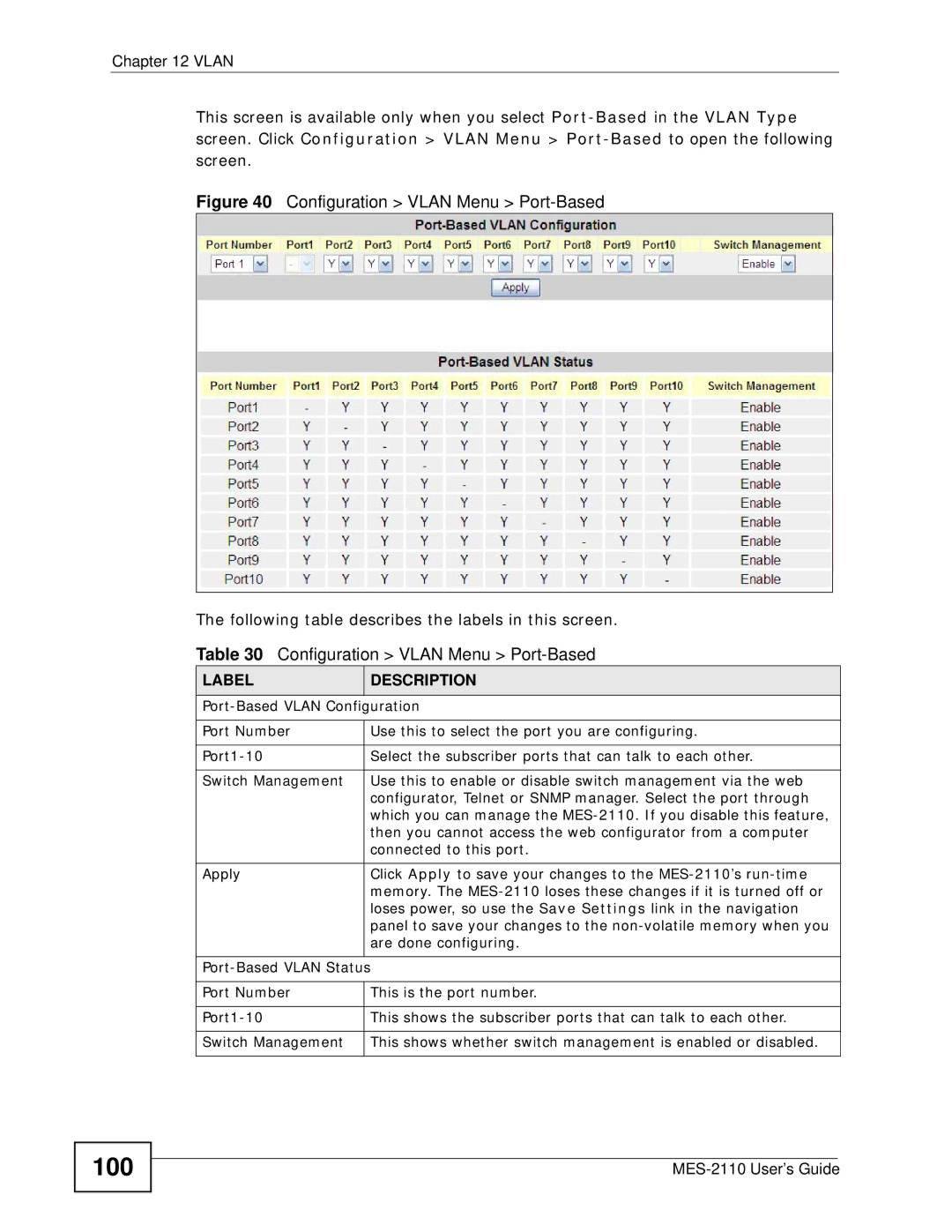 ZyXEL Communications MES-2110 manual 100, Port-Based Vlan Configuration, Connected to this port, Port-Based Vlan Status 