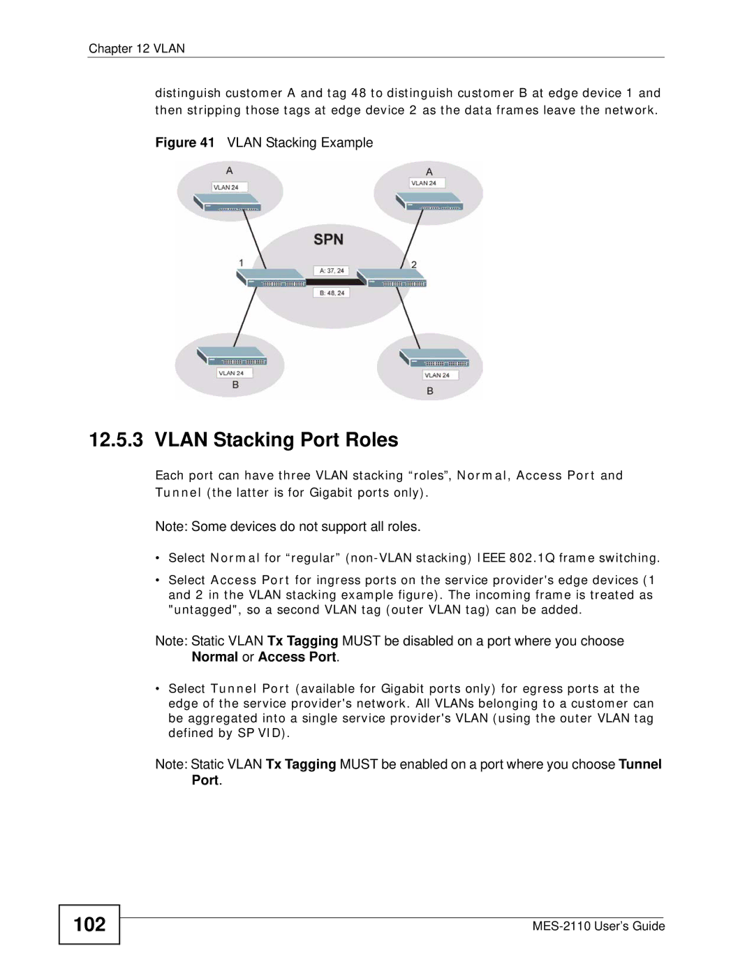 ZyXEL Communications MES-2110 manual Vlan Stacking Port Roles, 102 