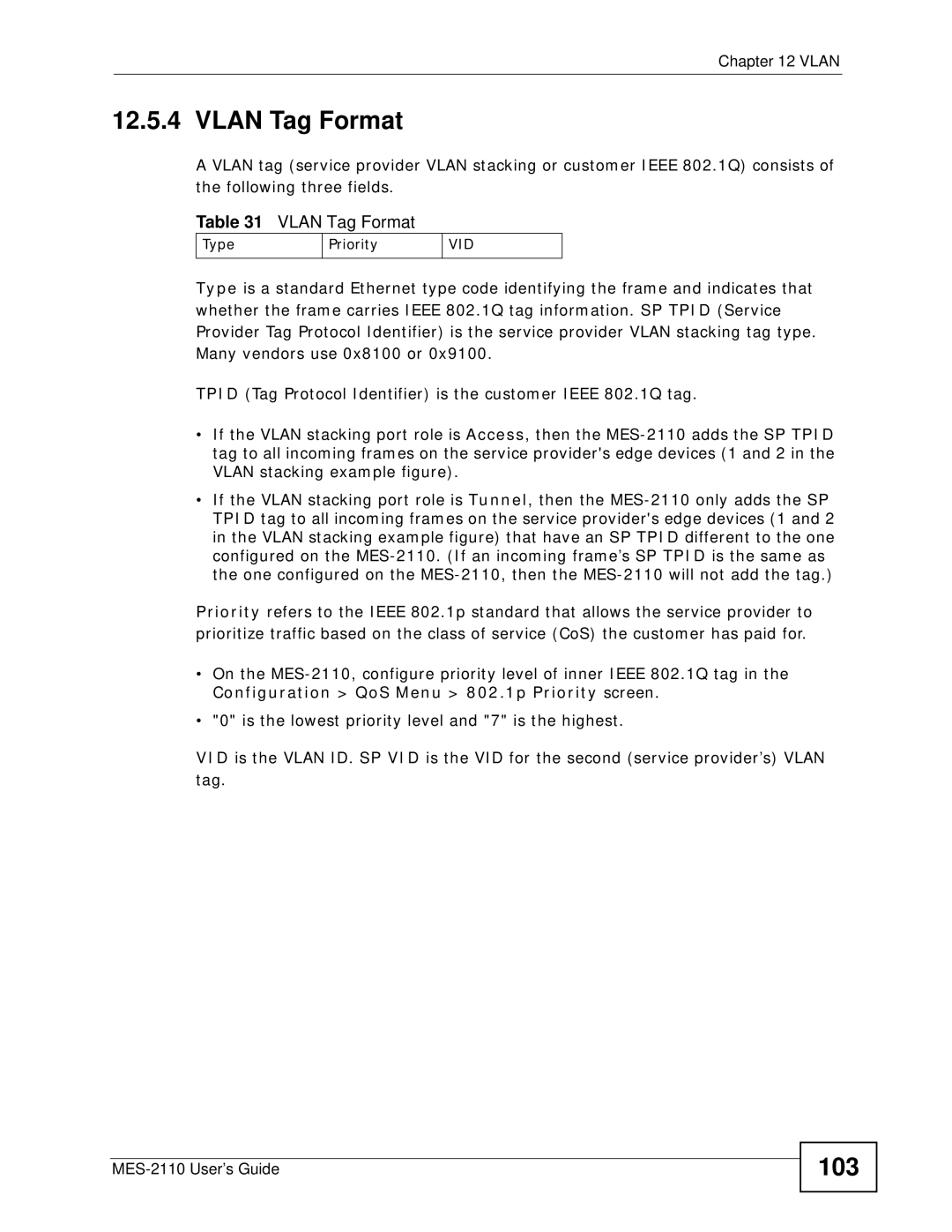 ZyXEL Communications MES-2110 manual Vlan Tag Format, 103, Type Priority, Vid 