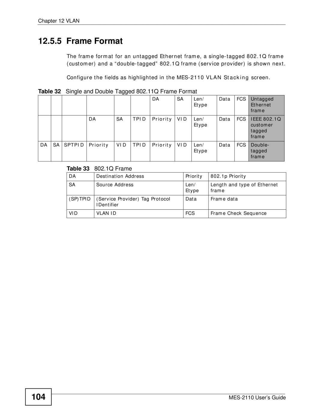ZyXEL Communications MES-2110 manual 104, Single and Double Tagged 802.11Q Frame Format, 802.1Q Frame 