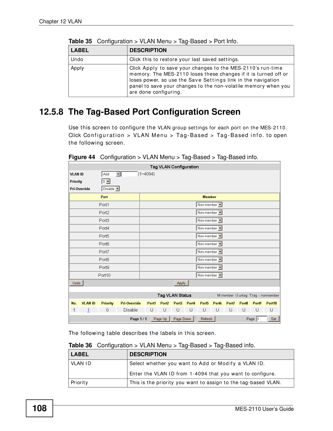 ZyXEL Communications MES-2110 Tag-Based Port Configuration Screen, 108, Select whether you want to Add or Modify a Vlan ID 