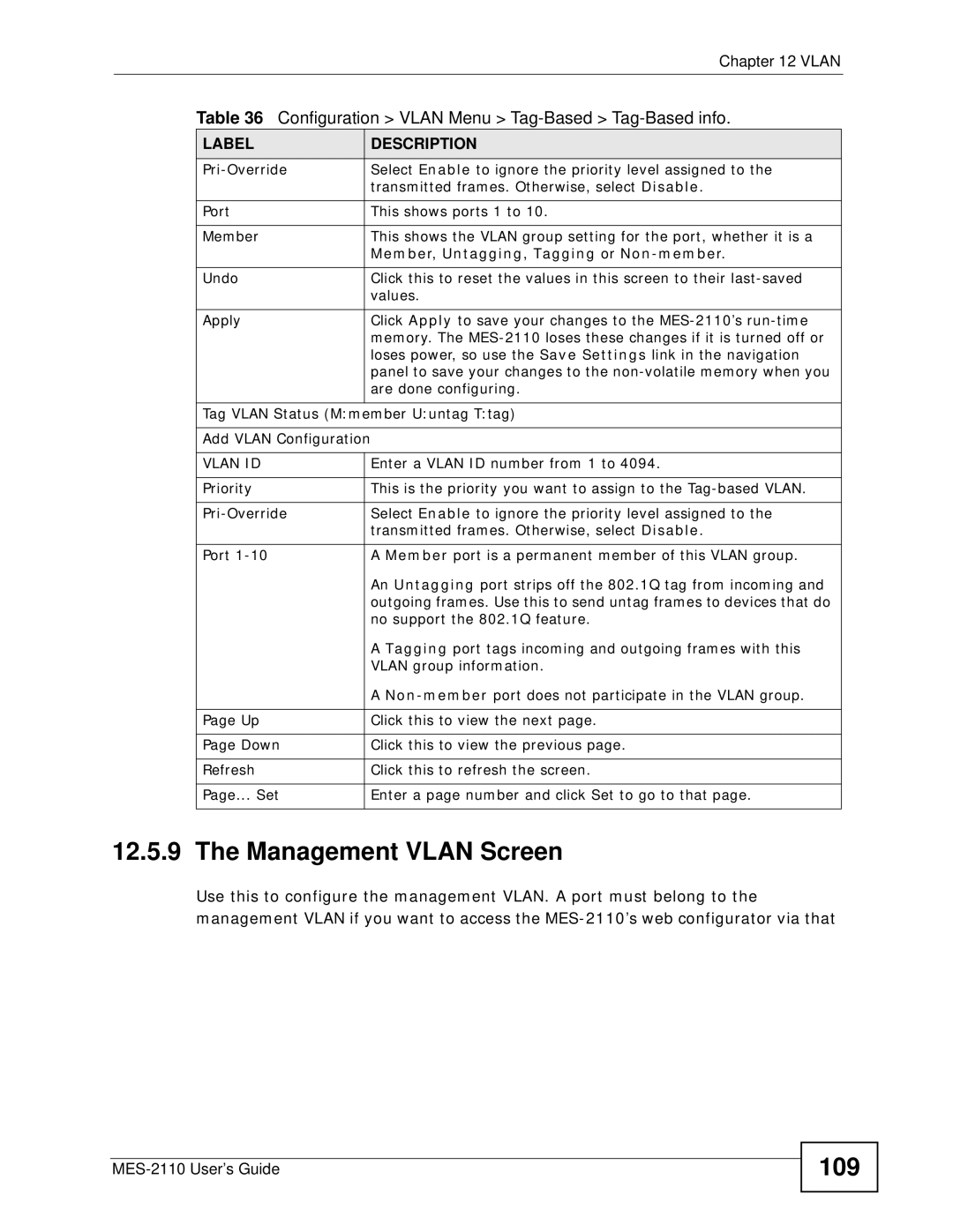 ZyXEL Communications MES-2110 manual Management Vlan Screen, 109 