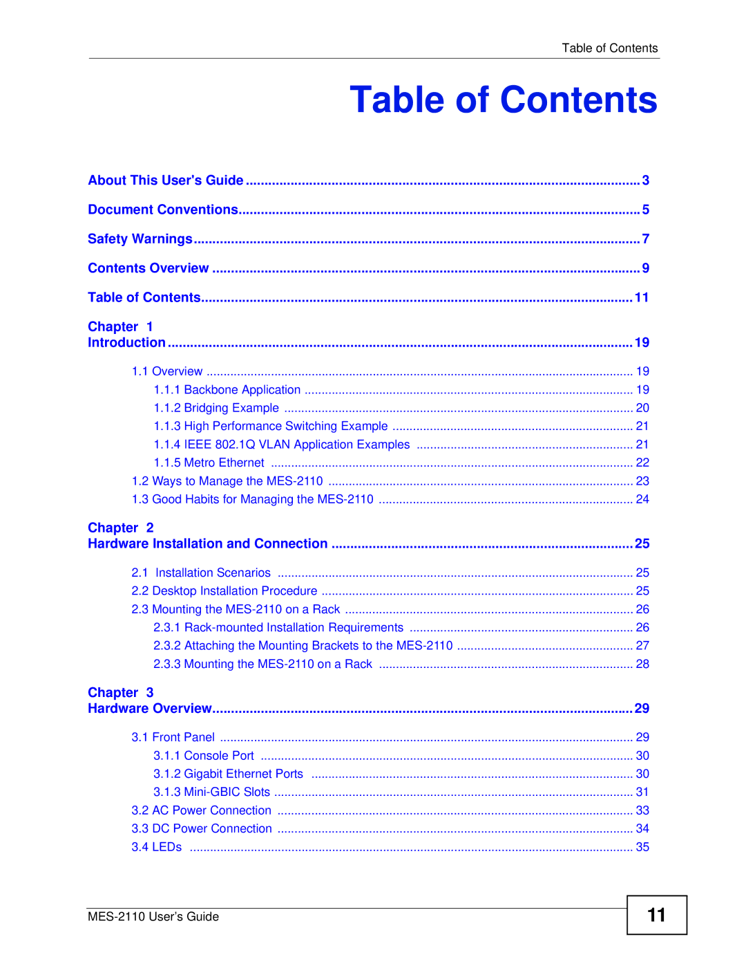 ZyXEL Communications MES-2110 manual Table of Contents 