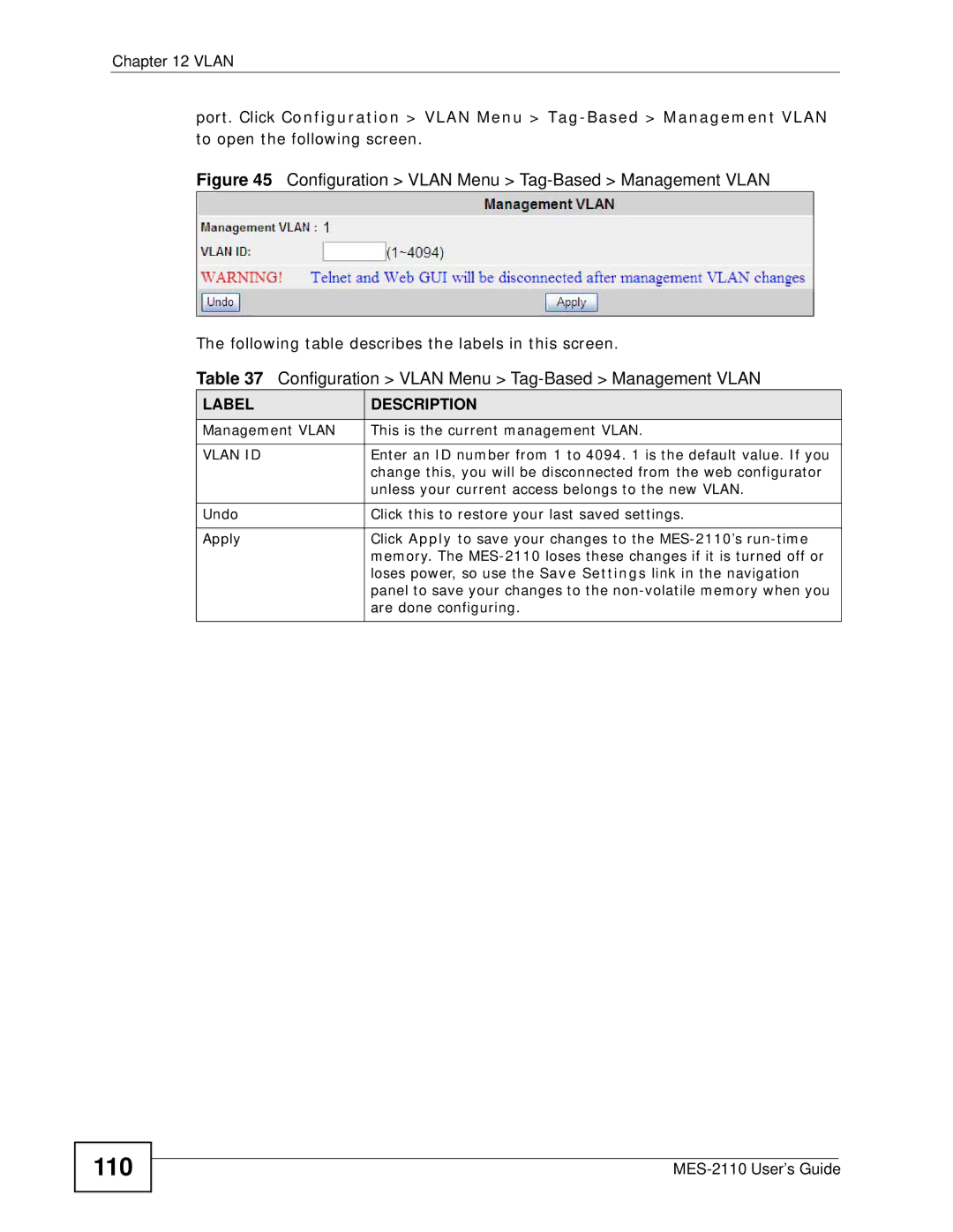 ZyXEL Communications MES-2110 manual Management Vlan This is the current management Vlan 