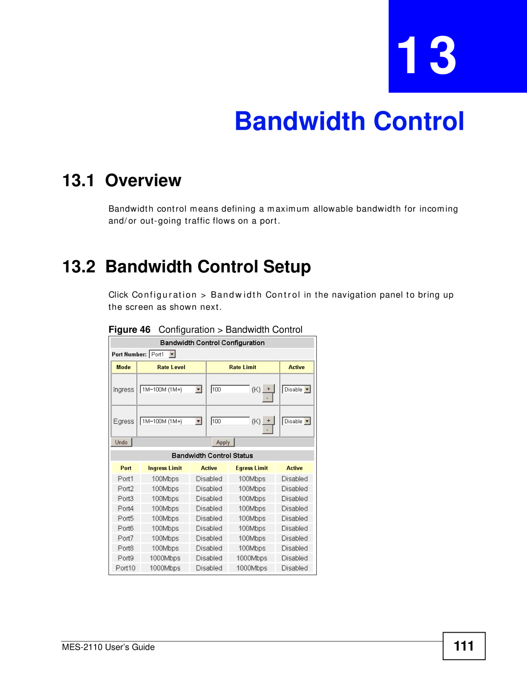 ZyXEL Communications MES-2110 manual Bandwidth Control Setup, 111 