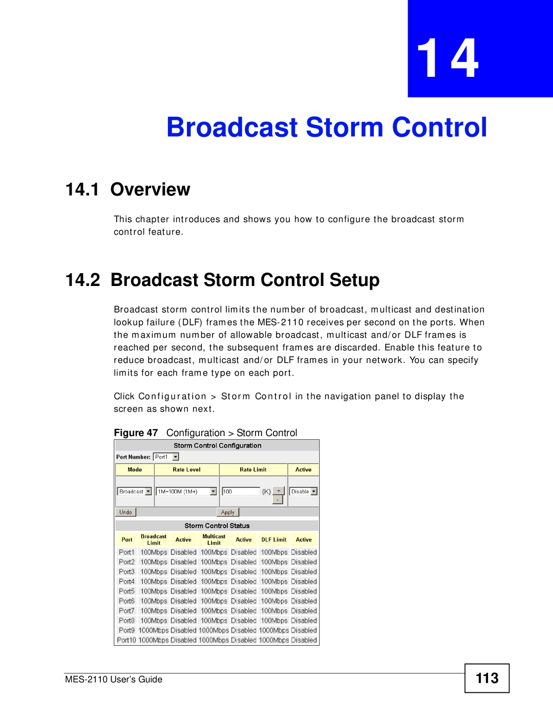 ZyXEL Communications MES-2110 manual Broadcast Storm Control Setup, 113 