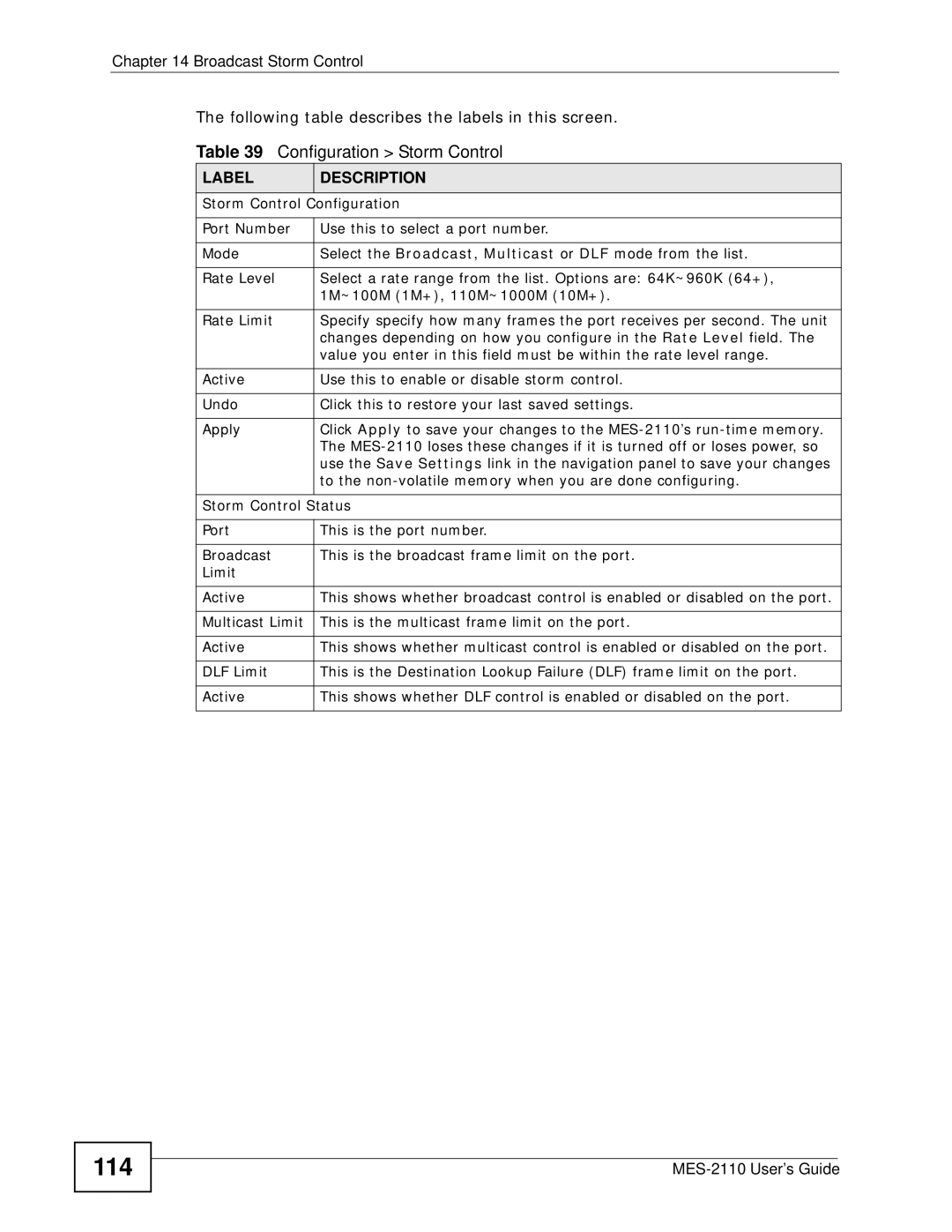 ZyXEL Communications MES-2110 manual 114, Storm Control Configuration, Storm Control Status 